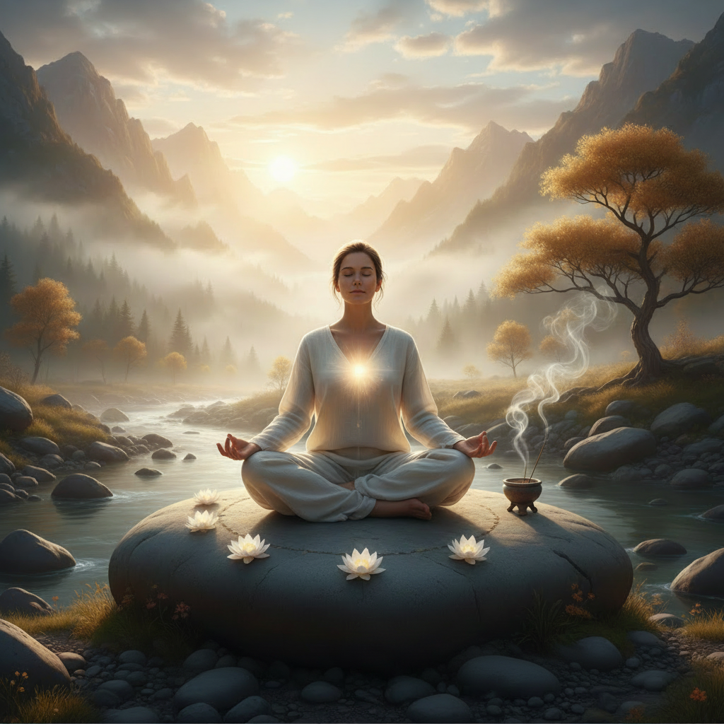 Mindfulness and inner peace through mountain meditation Woman meditating in a mountain landscape with text reading Resipro e Meditazione.