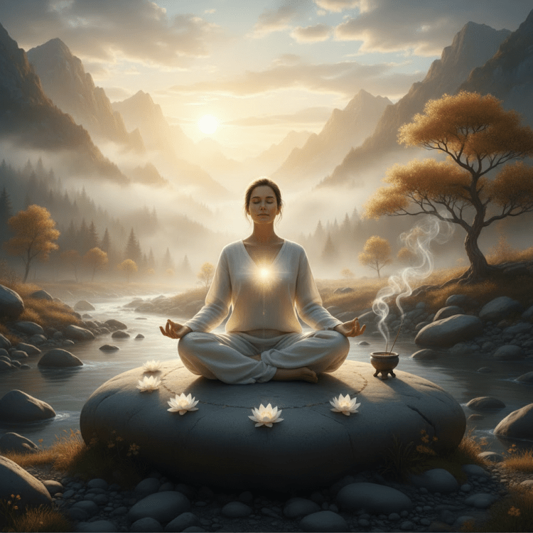 Woman meditating in a mountain landscape with text reading Resipro e Meditazione.