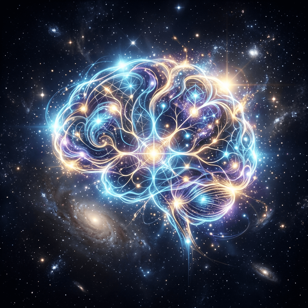 Glowing neural network shaped like a brain surrounded by stars and galaxies